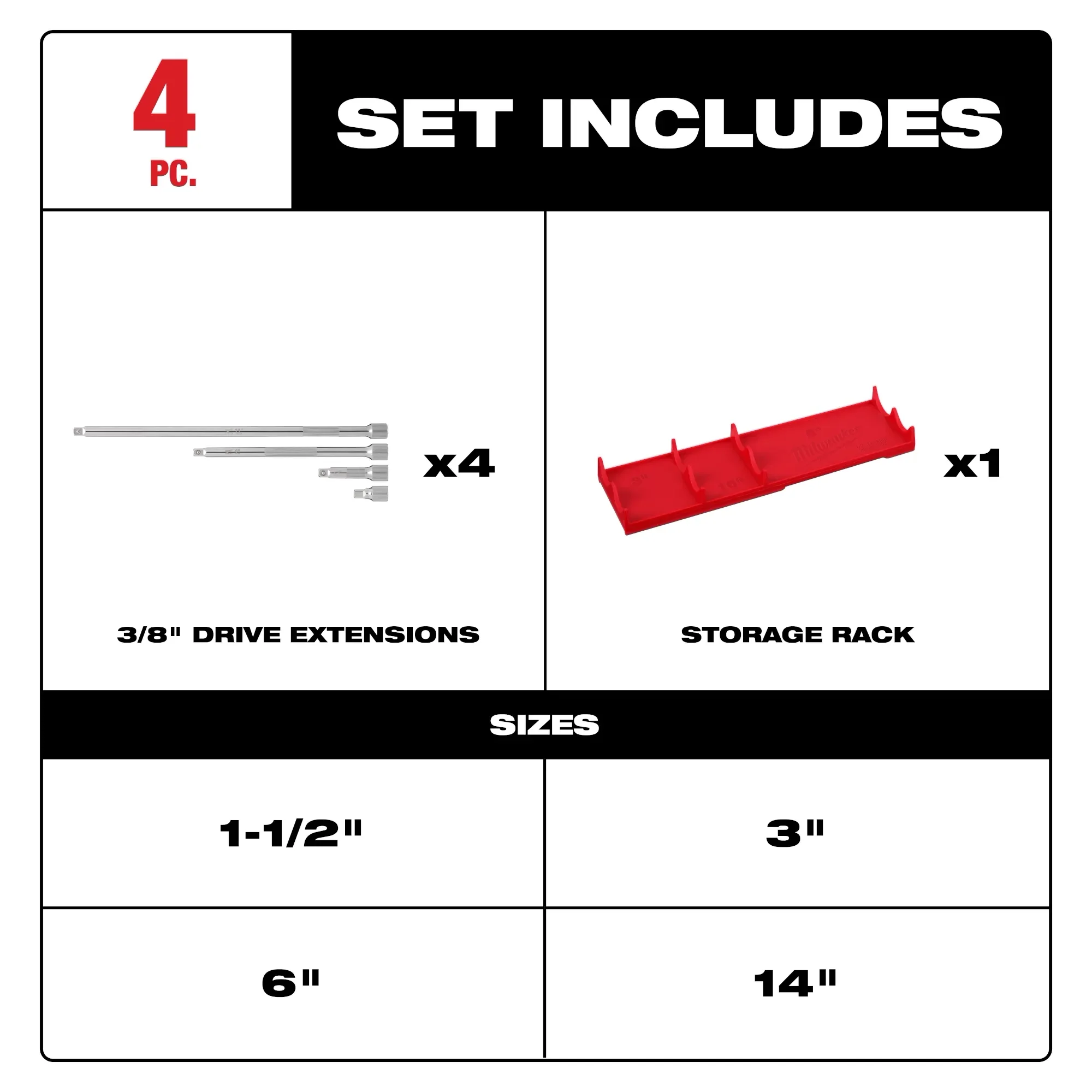 Milwaukee 48-22-9341, 4pc 3/8” Drive Socket Extension Set - Image 3