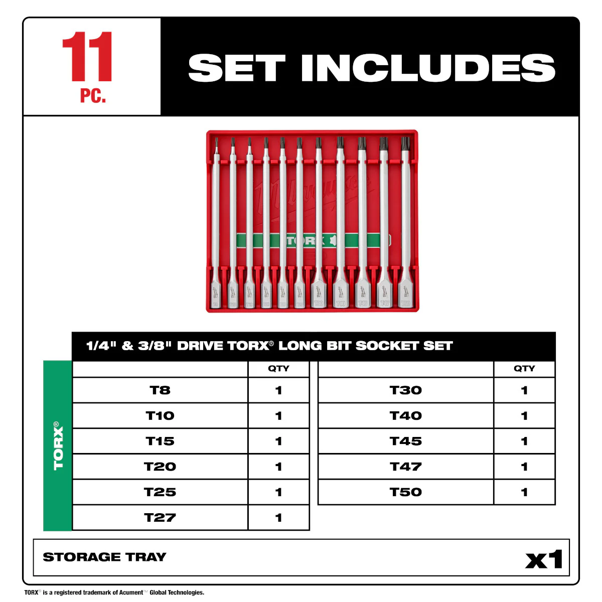 Milwaukee 48-22-9534, 11pc 1/4” and 3/8” Drive Long TORX® Bit Socket Set - Image 3