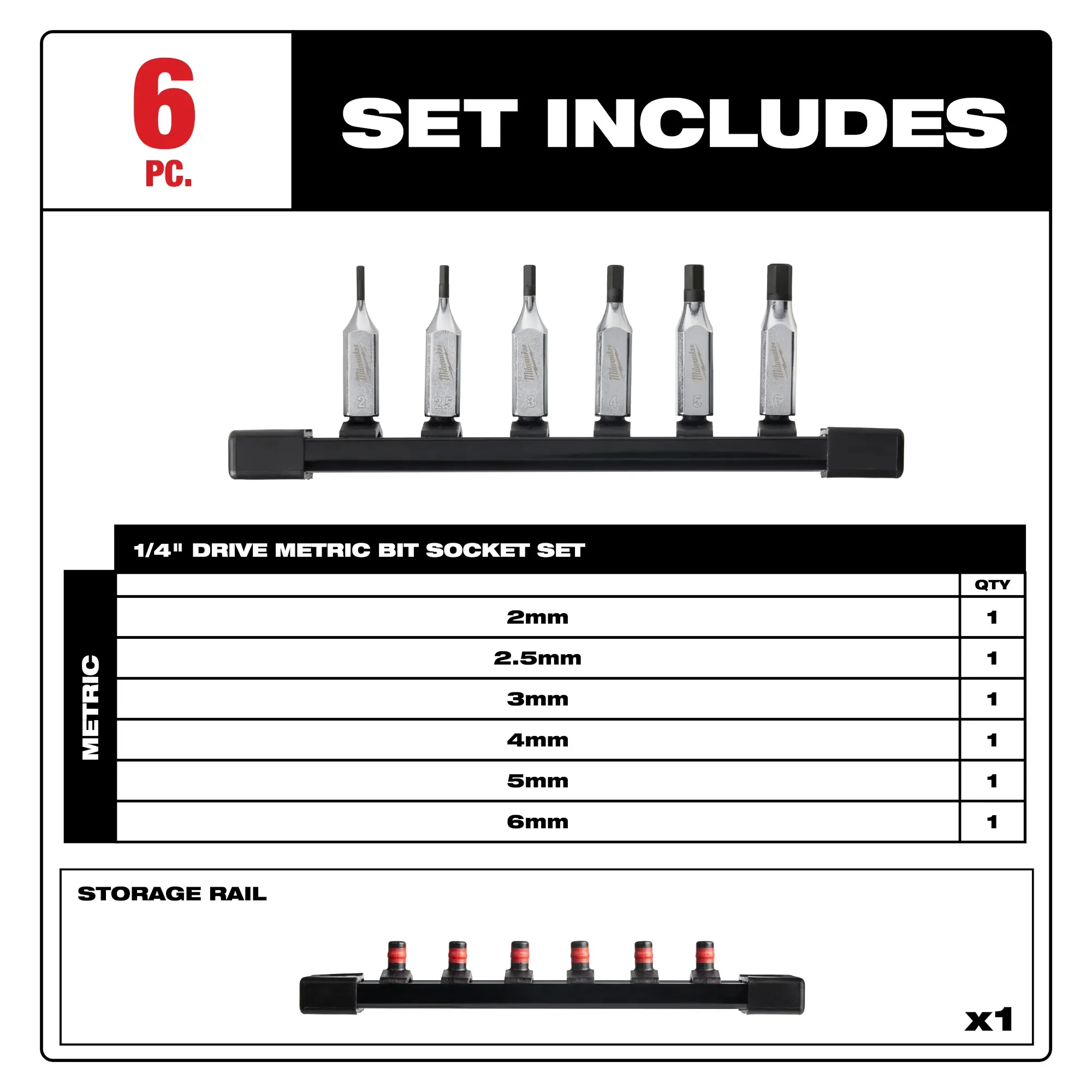 Milwaukee 48-22-9541, 6pc 1/4" Drive Hex Bit Socket Set - Metric - Image 2