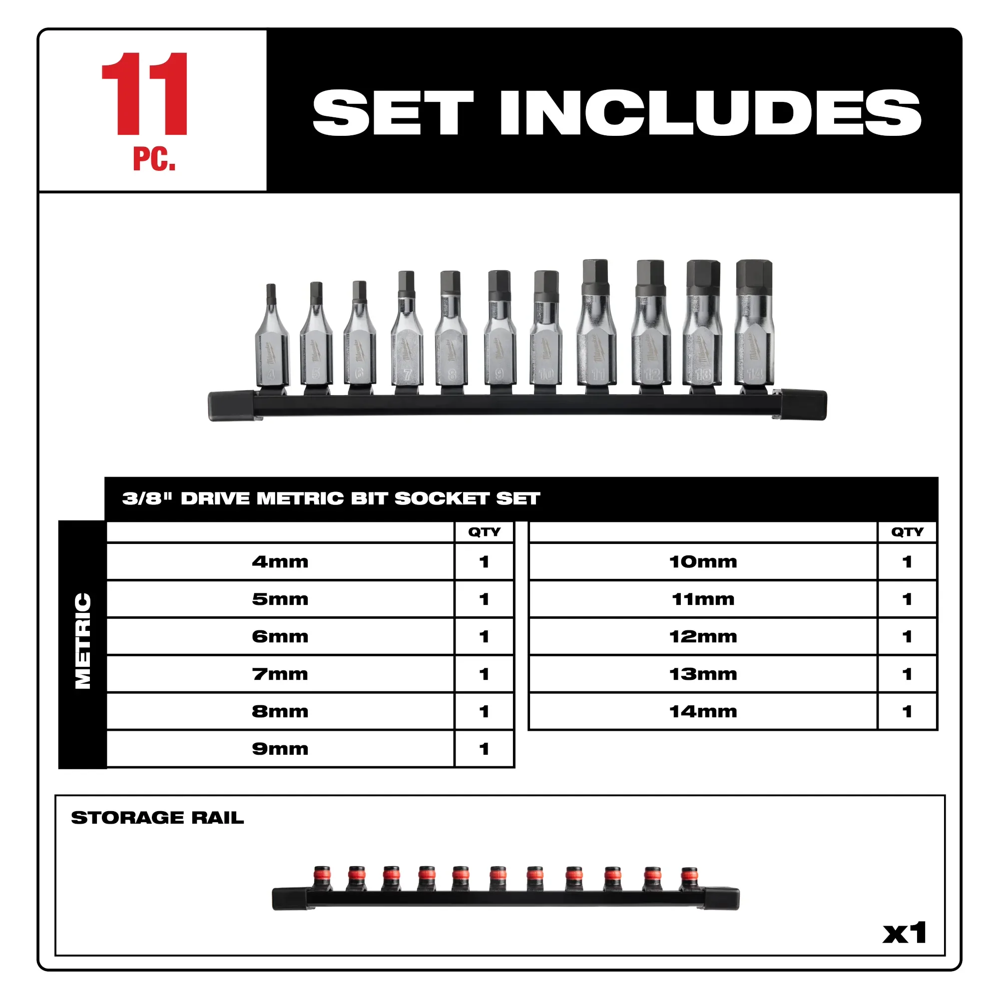 Milwaukee 48-22-9543, 11pc 3/8" Drive Hex Bit Socket Set - Metric - Image 2