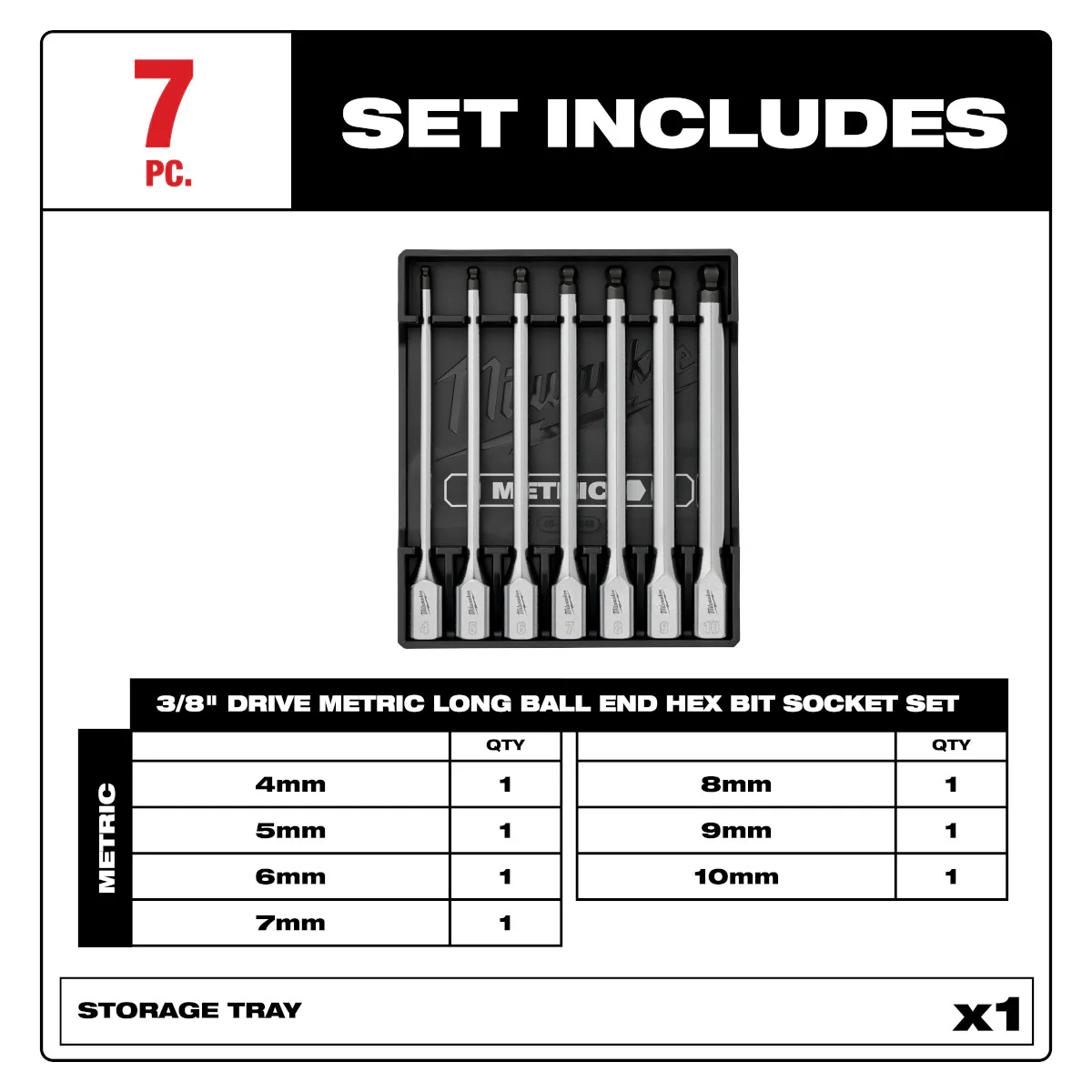 Milwaukee 48-22-9548, 7pc 3/8” Drive Long Ball End Hex Bit Socket Set - Metric - Image 3