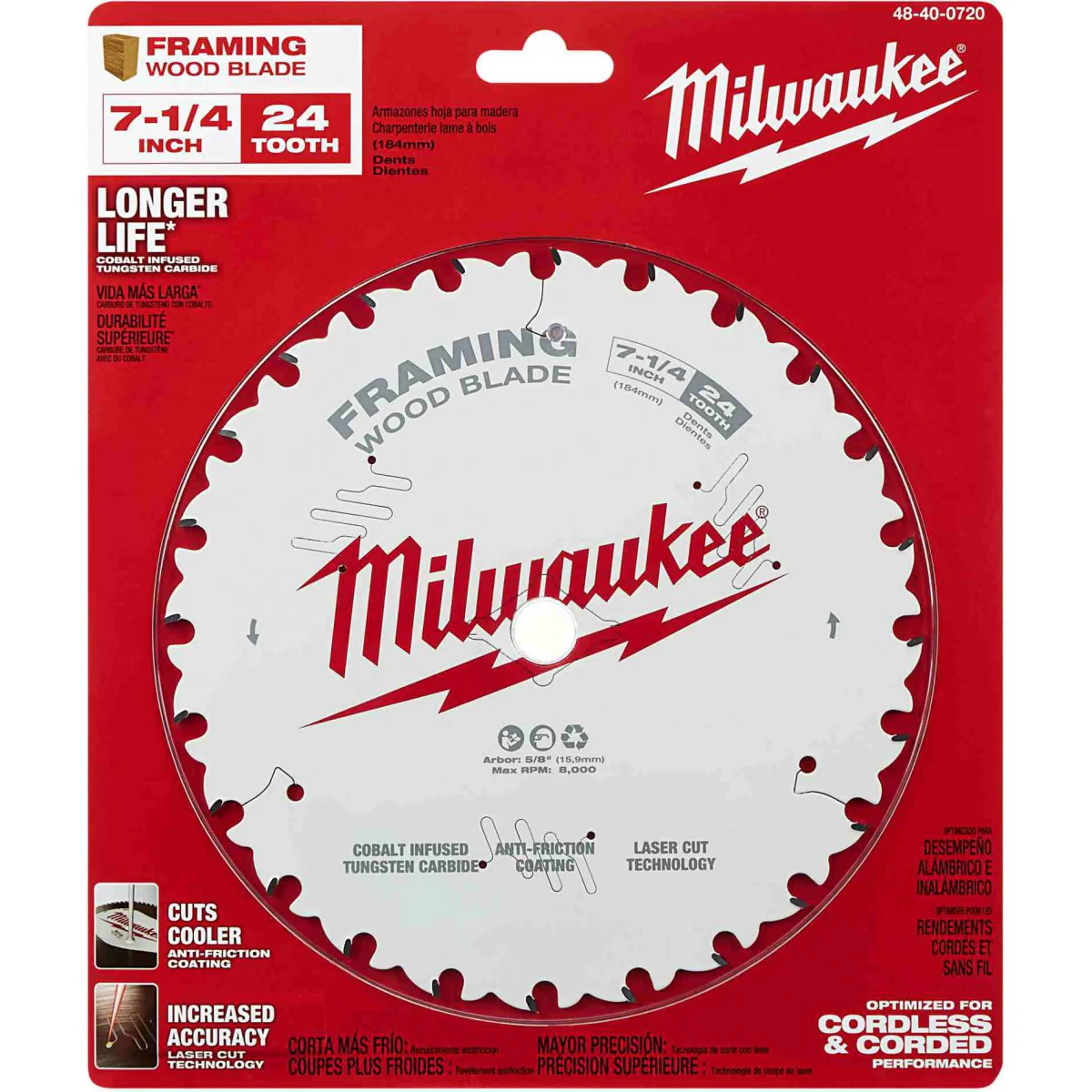 Milwaukee 48-40-0720, 7-1/4" 24T Framing Circular Saw Blade (Blister Pack))