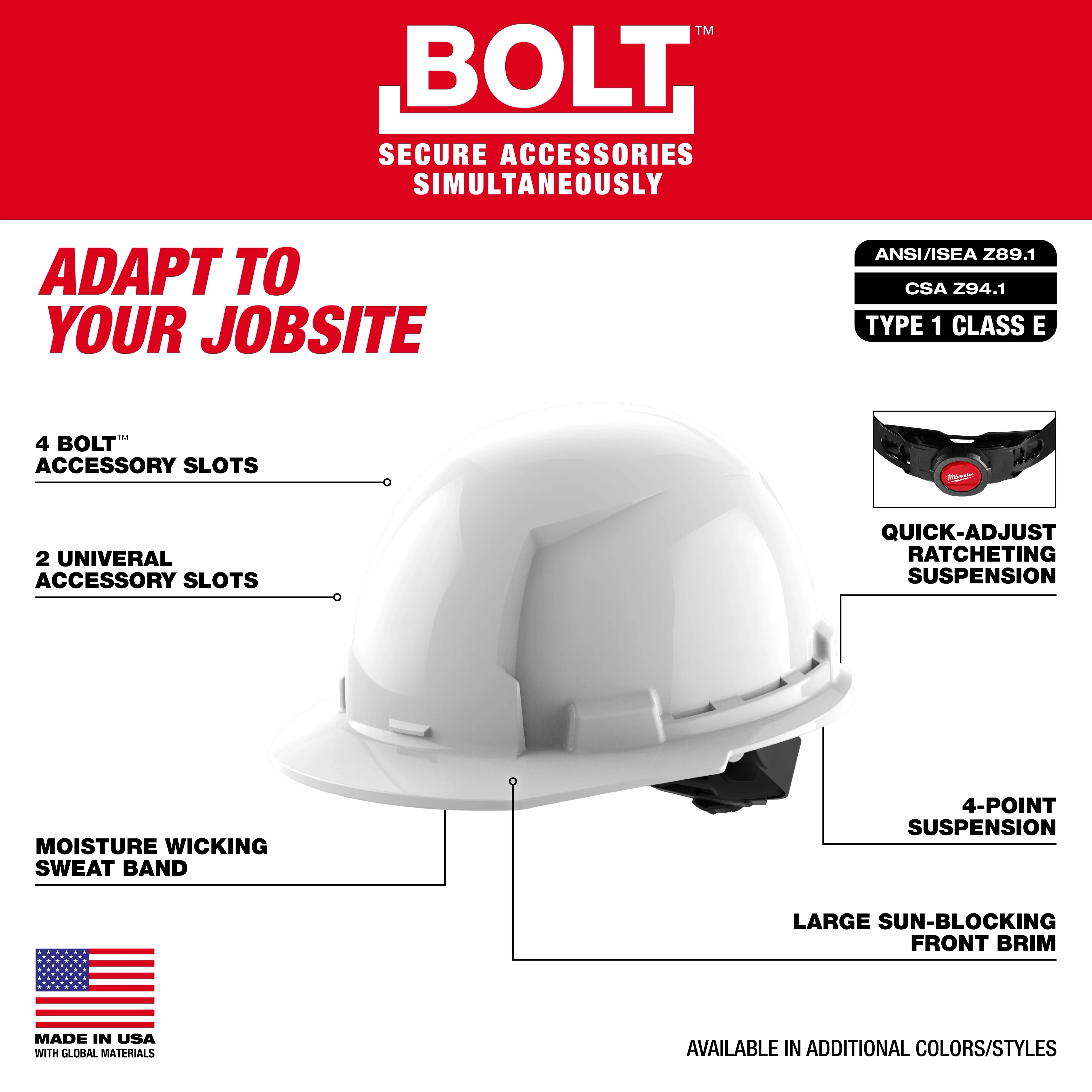 Milwaukee 48-73-1106, BOLT™ Green Front Brim Hard Hat w/4pt Ratcheting Suspension (USA) - Type 1, Class E - Image 3