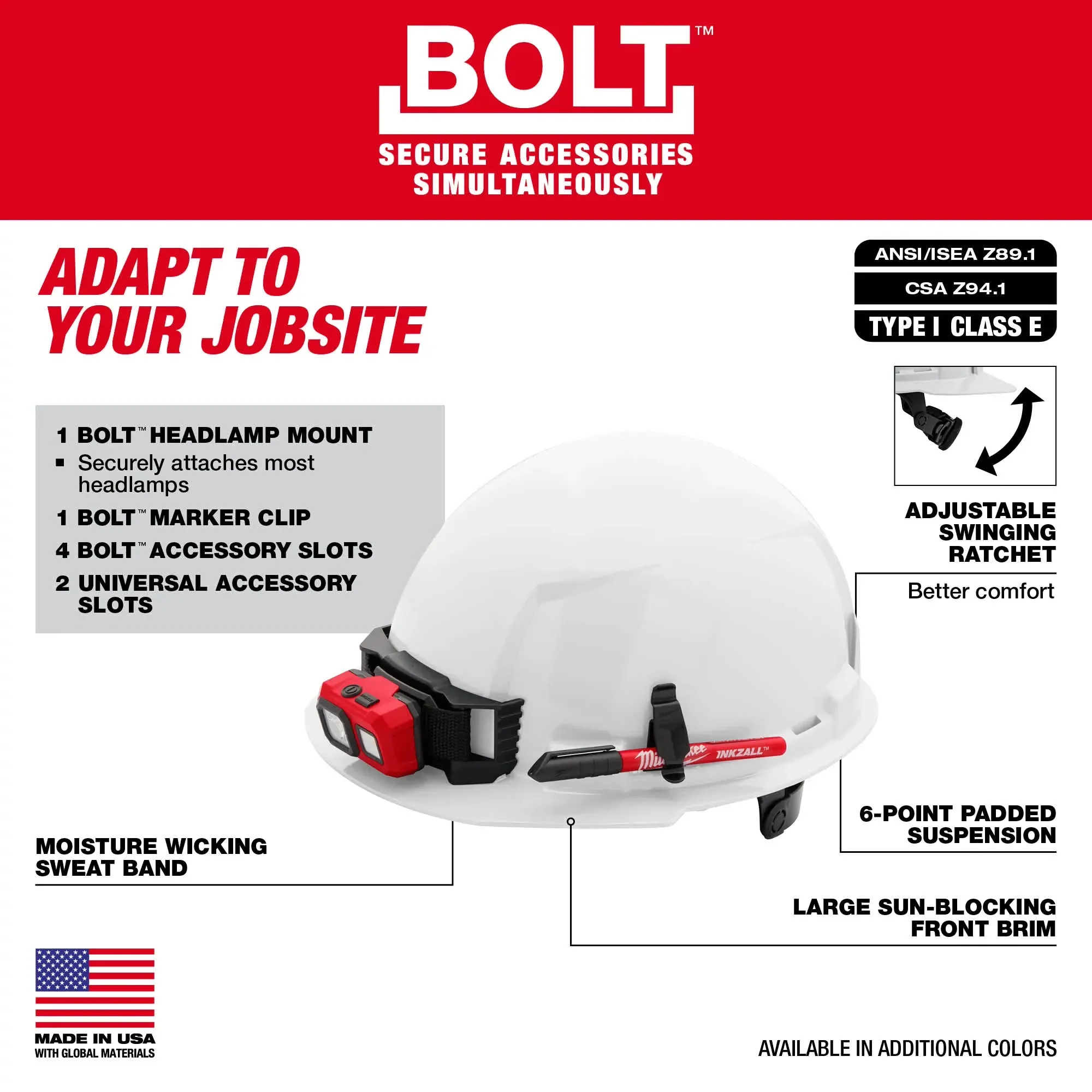Milwaukee 48-73-1120, BOLT™ White Front Brim Hard Hat w/6pt Ratcheting Suspension (USA) - Type 1, Class E - Image 5