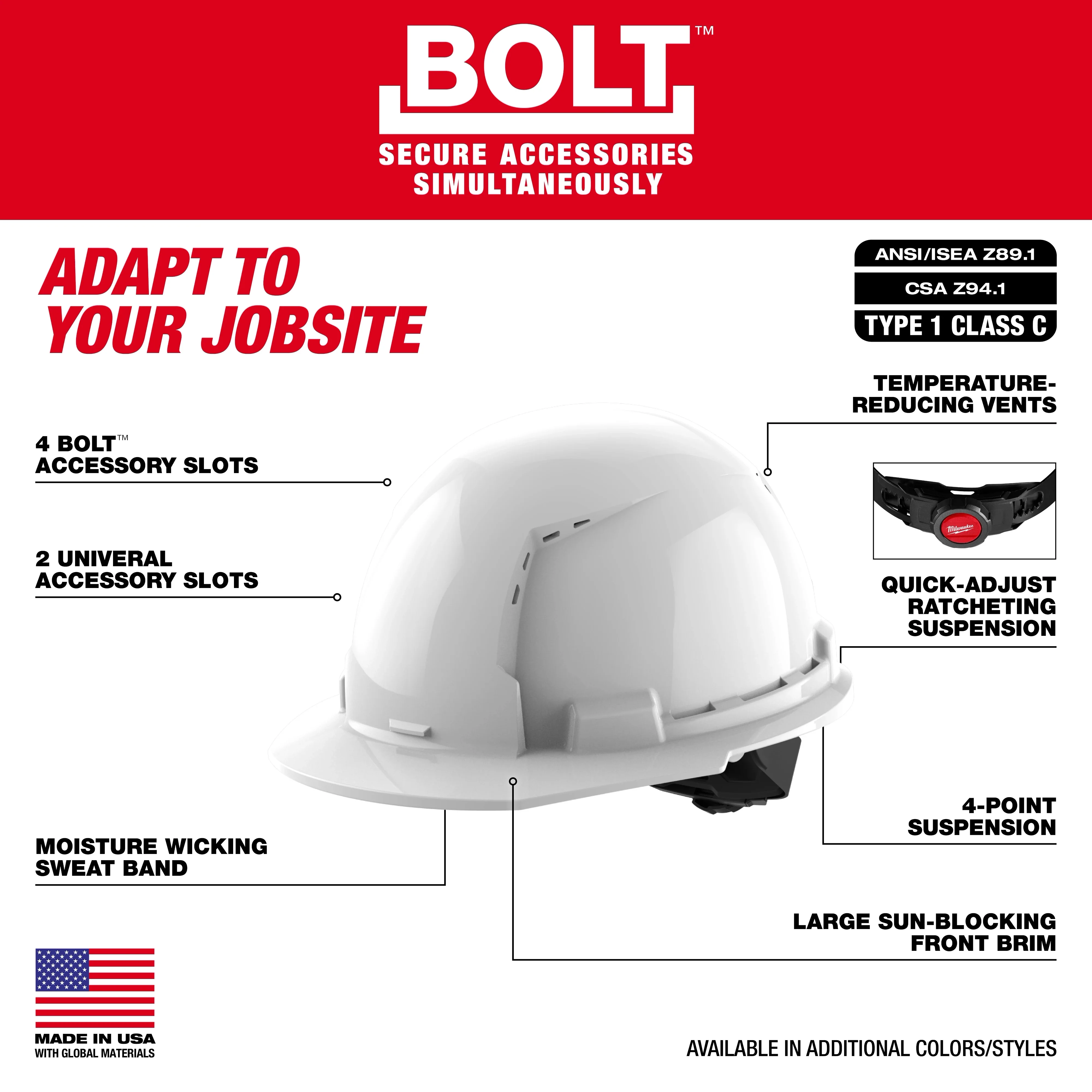 Milwaukee 48-73-1212, BOLT™ Orange Front Brim Vented Hard Hat w/4pt Ratcheting Suspension (USA) - Type 1, Class C - Image 4