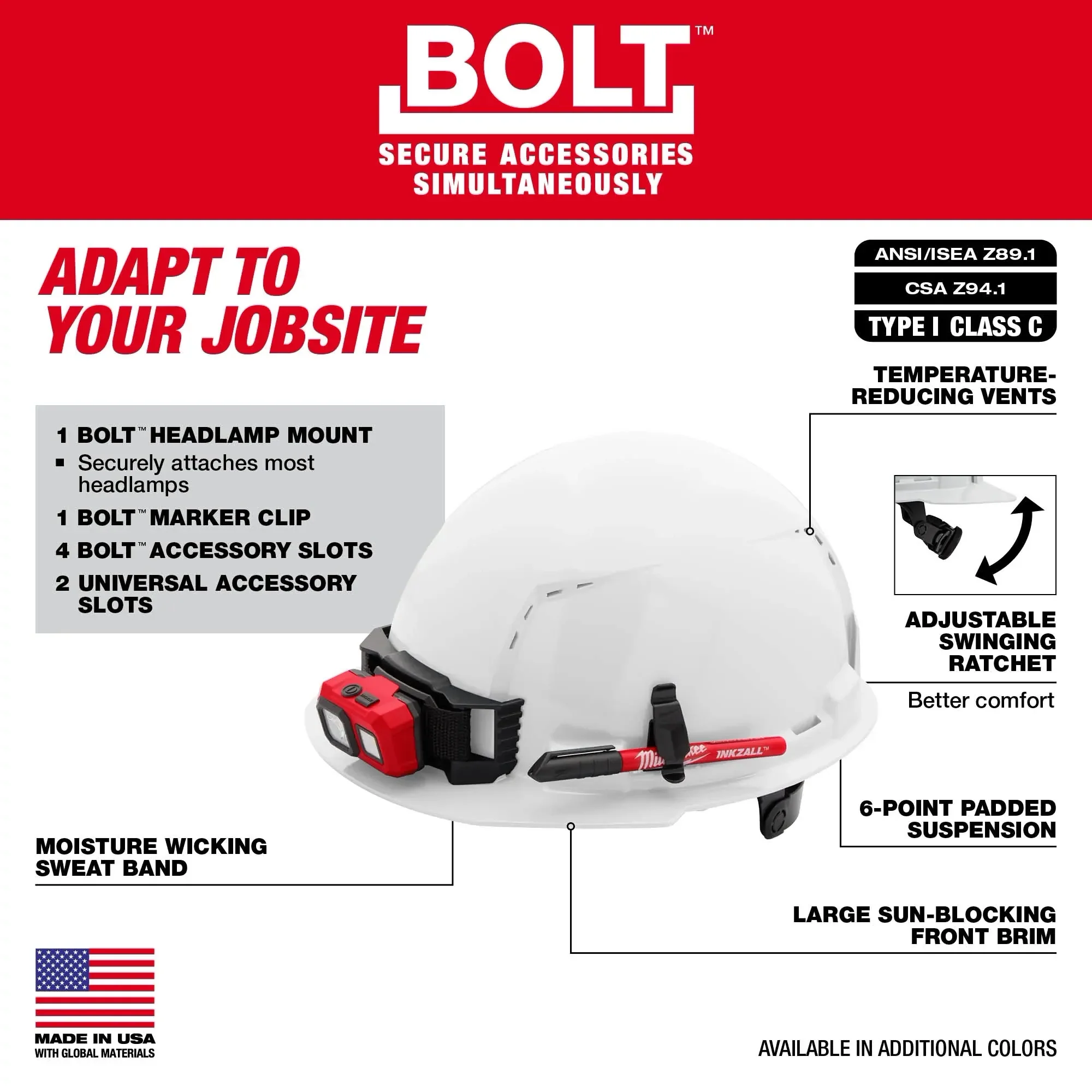 Milwaukee 48-73-1220, BOLT™ White Front Brim Vented Hard Hat w/6pt Ratcheting Suspension (USA) - Type 1, Class C - Image 6