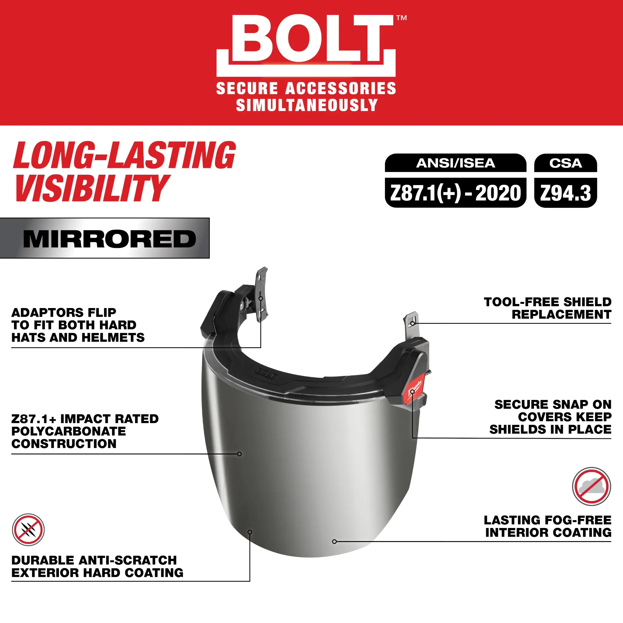 Milwaukee 48-73-1429, BOLT™ Full Face Shield - Mirrored Dual Coat Lens (Compatible with Milwaukee® BOLT™ Safety Helmets & BOLT™ Hard Hats) - Image 4