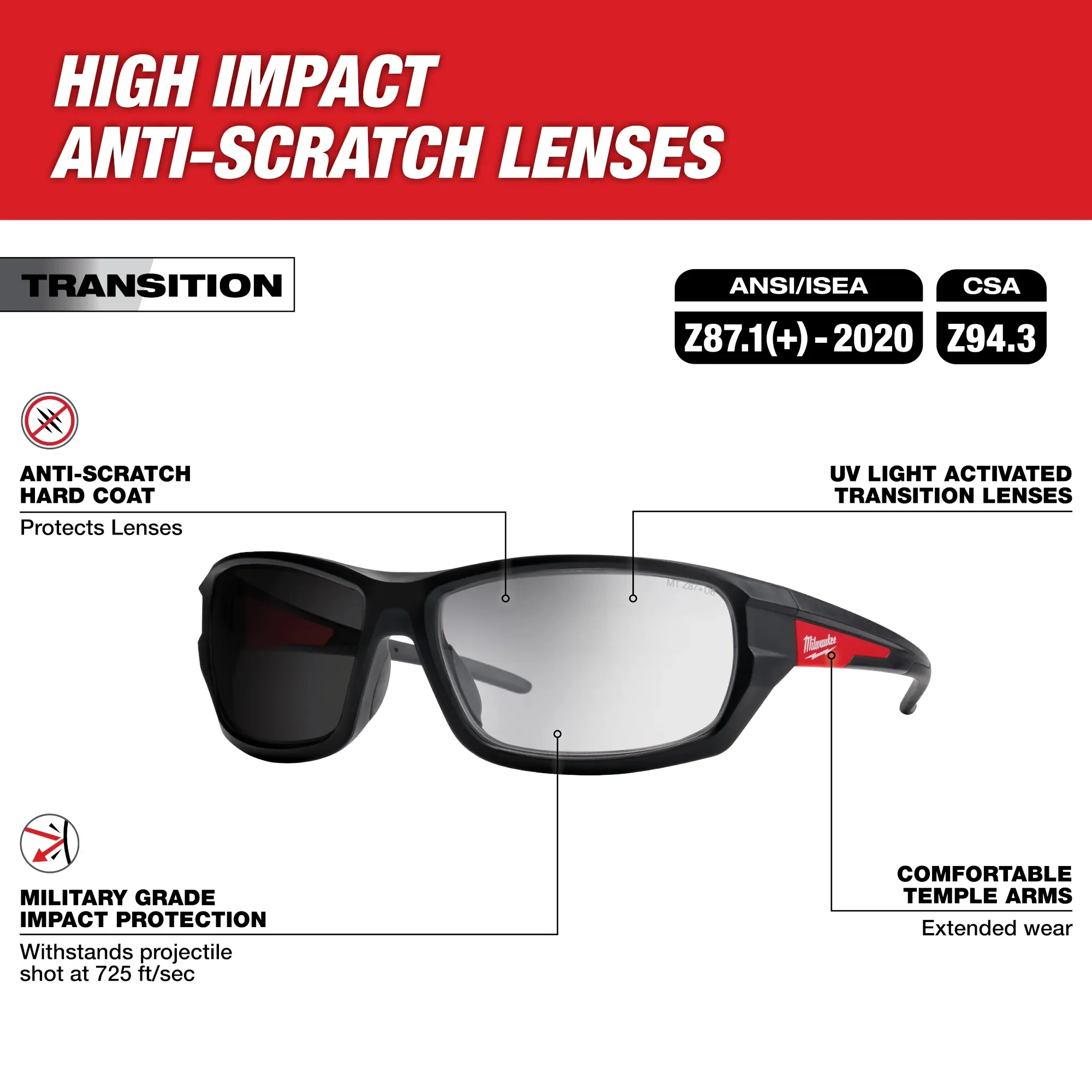 Milwaukee 48-73-2128, Transition Performance Safety Glasses - Anti-Scratch Lenses - Image 2
