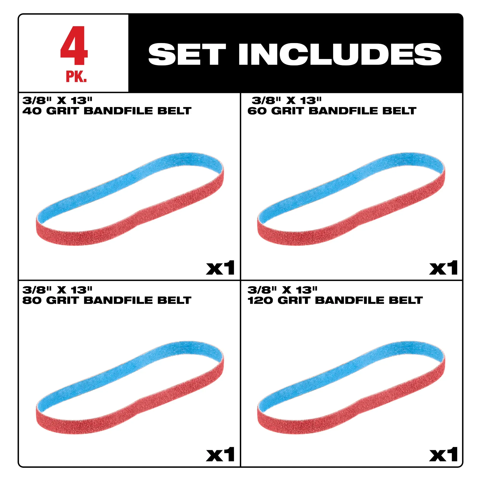 Milwaukee 48-80-7000, 3/8” x 13” 40/60/80/120 Grit Bandfile Belts – 4 pack variety - Image 2