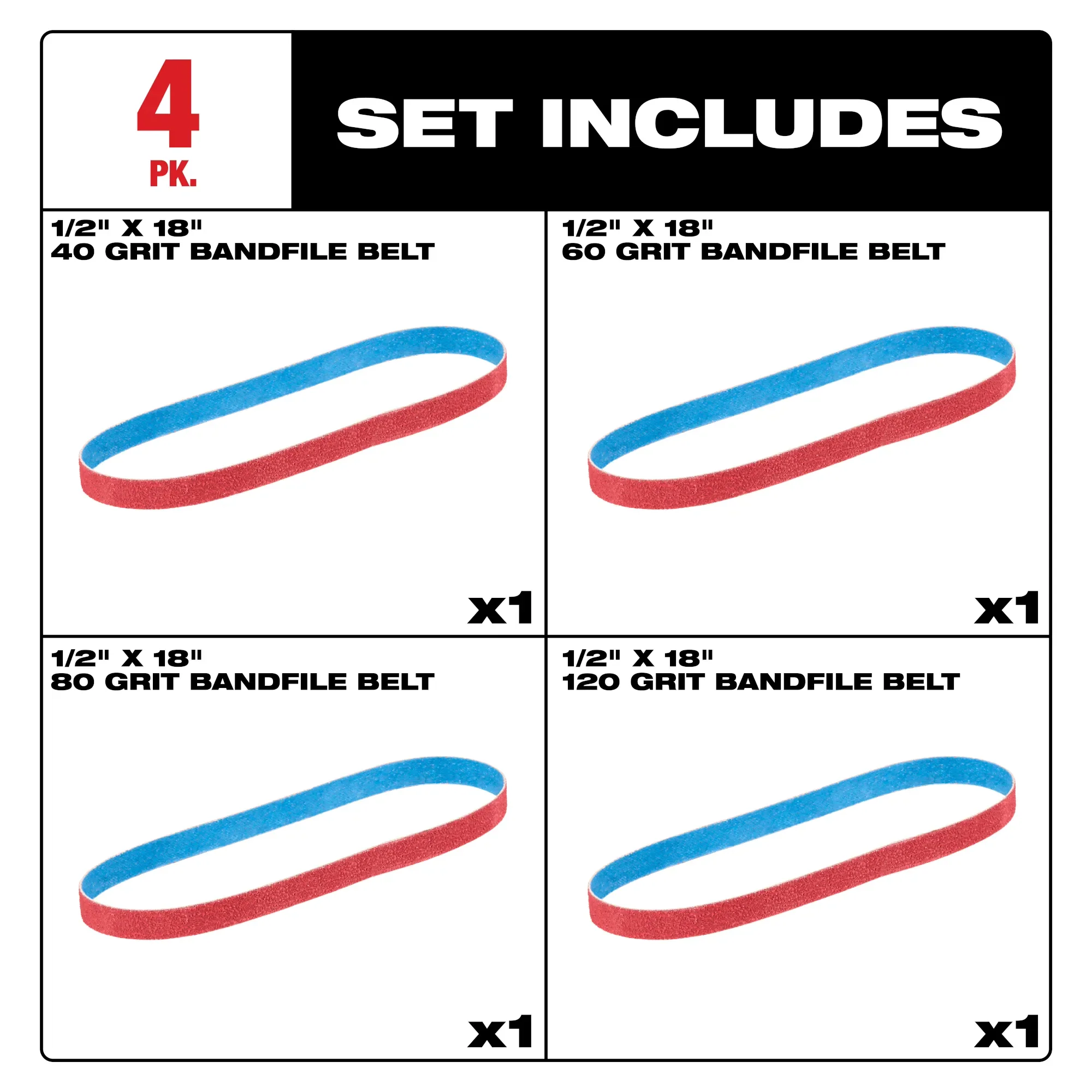 Milwaukee 48-80-9000, 1/2” x 18” 40/60/80/120 Grit Bandfile Belts – 4 pack variety - Image 2