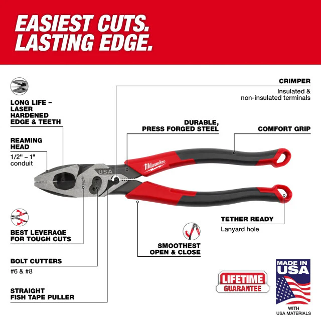 Milwaukee MT550C, 9" Linesman Comfort Grip Pliers W/ Crimper Bolt Cutter - USA - Image 4