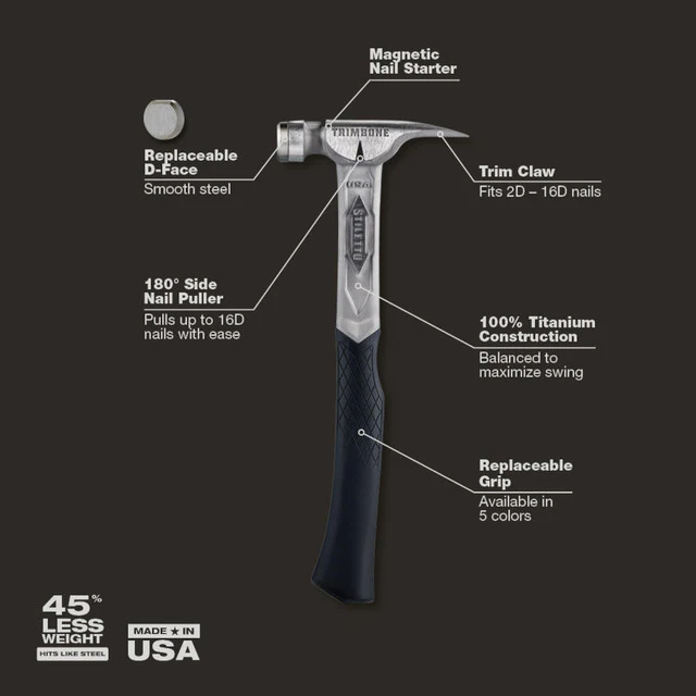 Stiletto TRMB, TRIMBONE Curved Handle Smooth Face Titanium Finish Hammer - Image 2