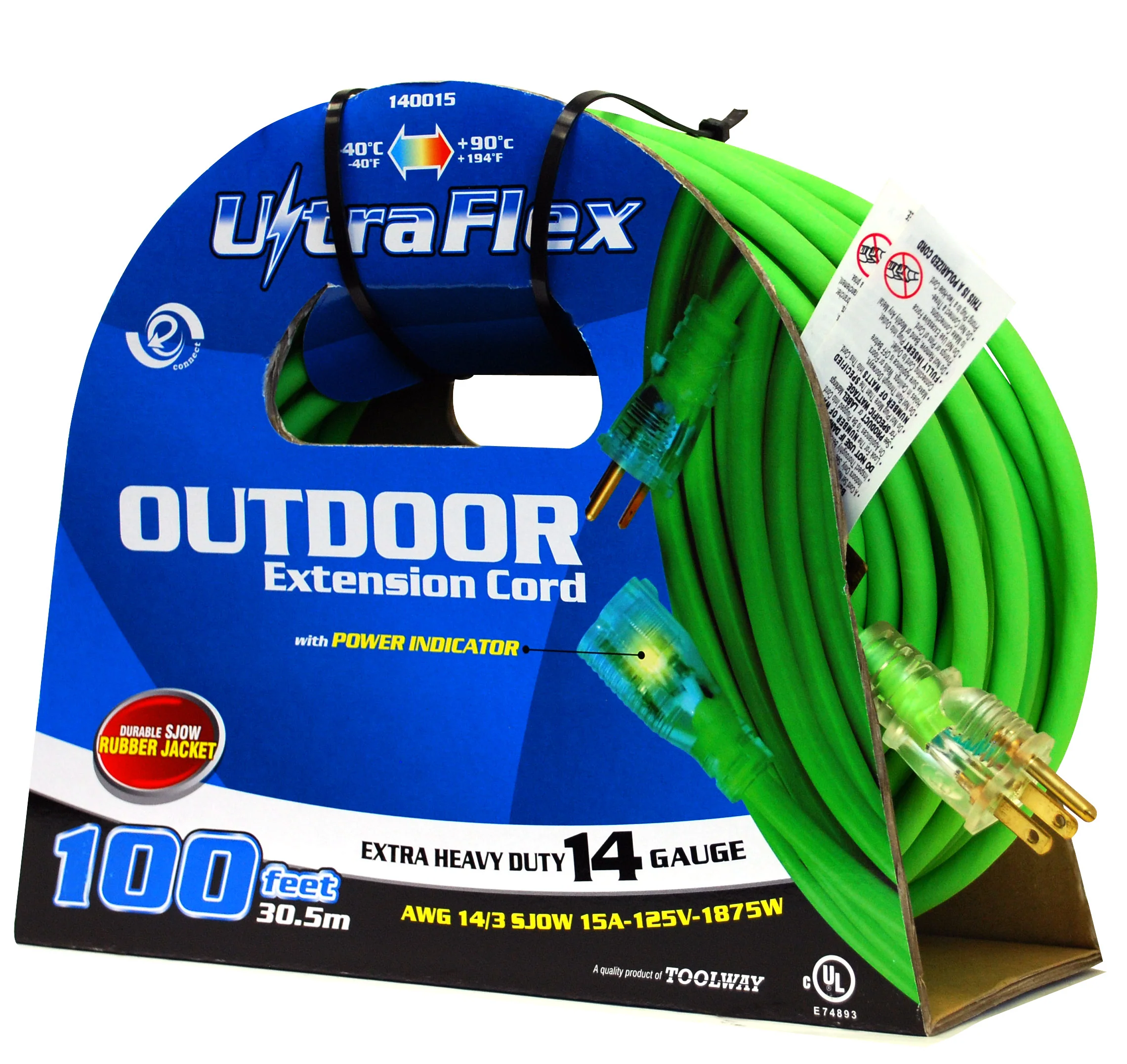 Toolway 140015, Extension Cord Outdoor SJEOW 14/3 Lighted Single Tap Green 100ft/30.48m