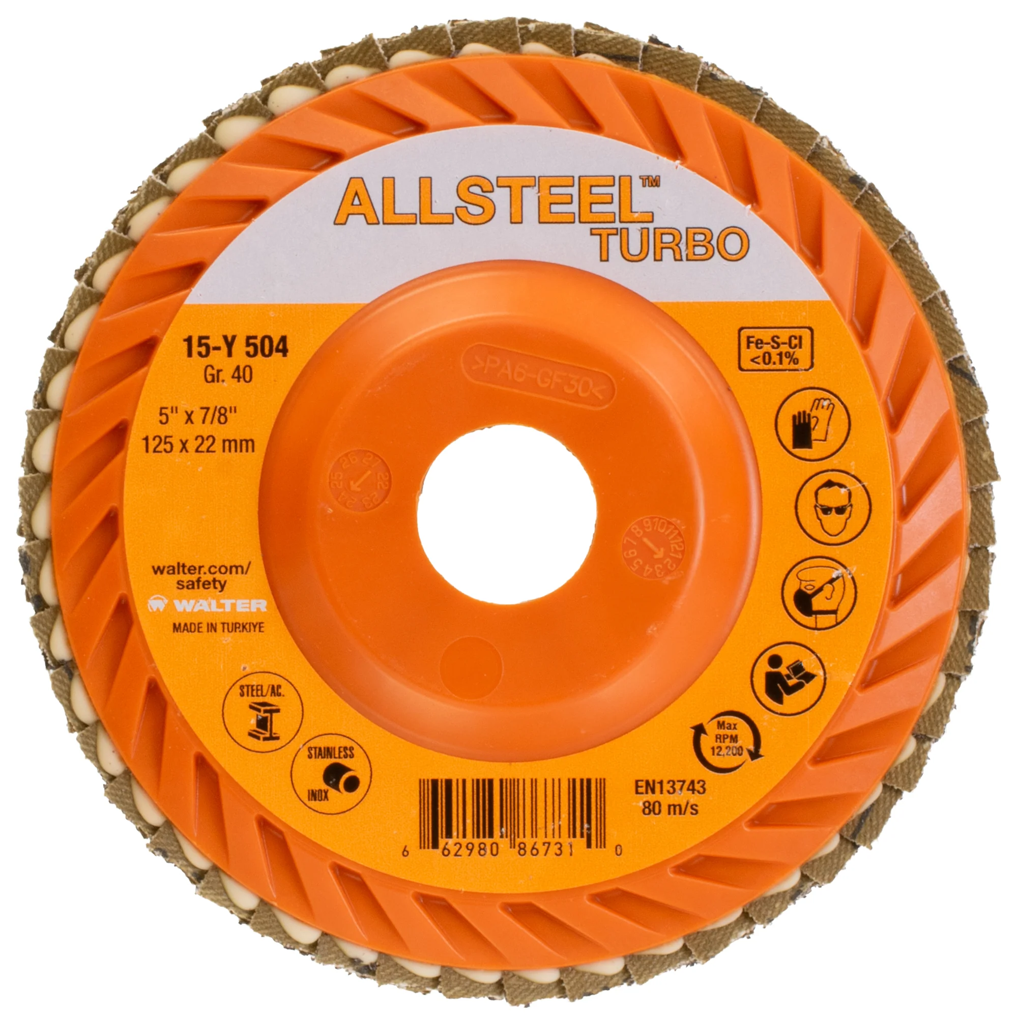 Walter 15Y504, ALLSTEEL™ Turbo Flap Disc, 5" x 7/8", 40 Grit, Zirconia Alumina